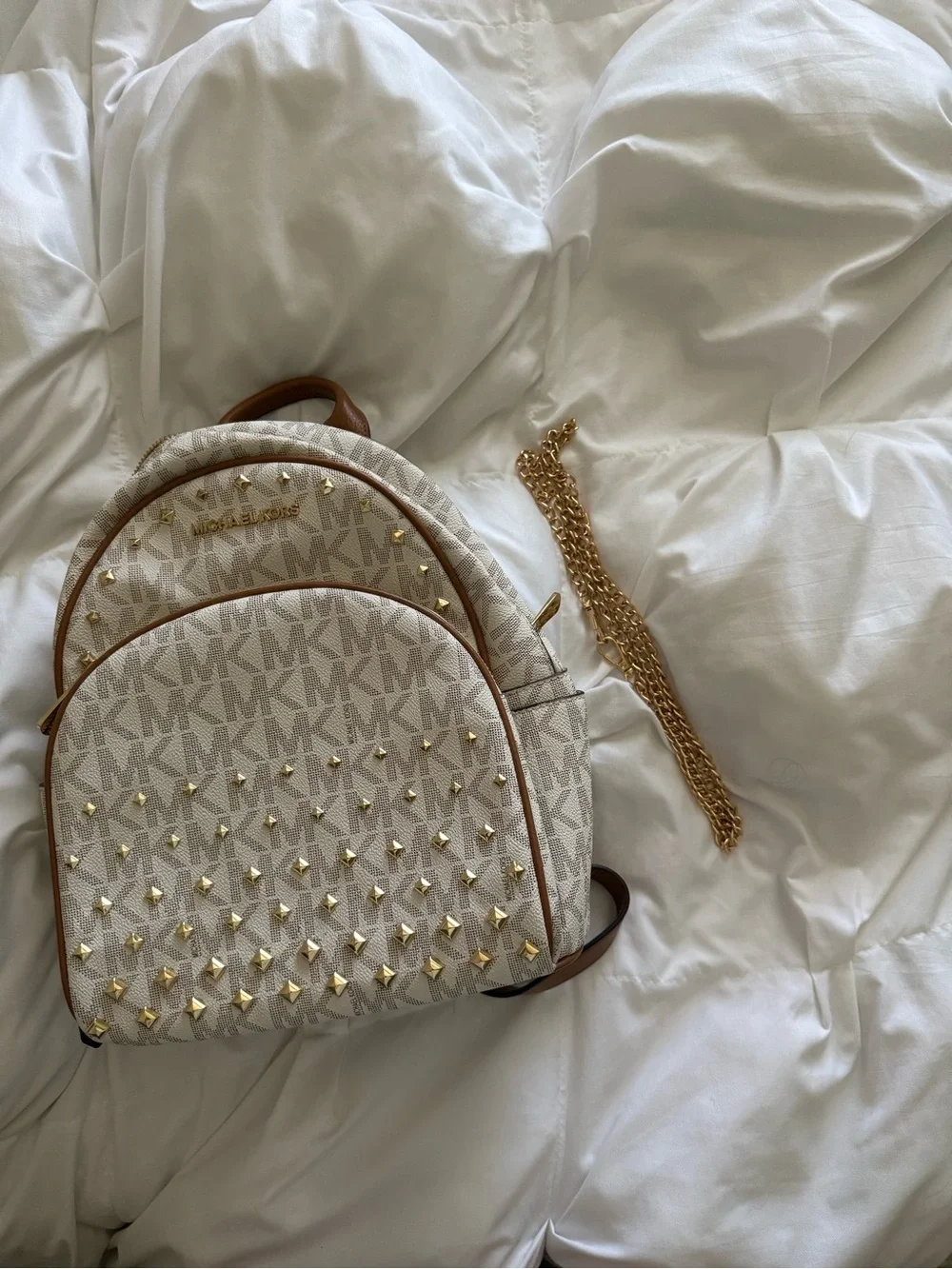 Michael Kors Cream Logo Mini Backpack with Gold Studs